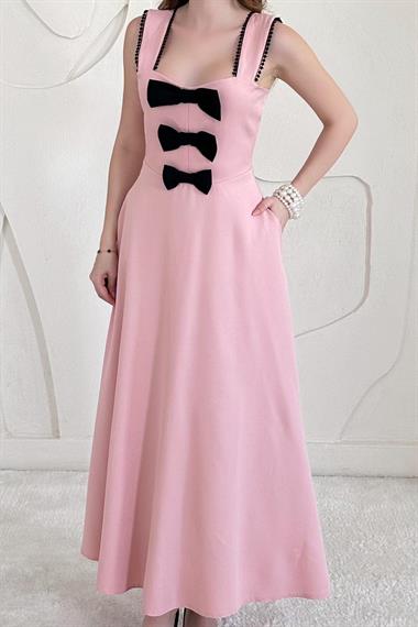 Pudra Fiyonk Detaylı Garnili Elbise