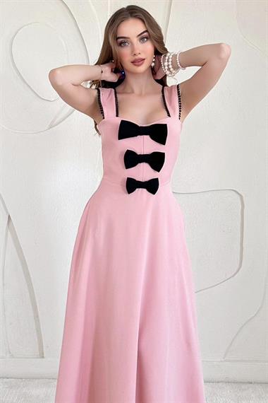 Pudra Fiyonk Detaylı Garnili Elbise