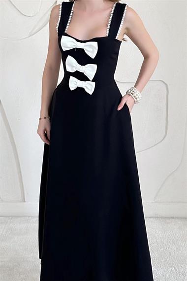 Siyah Fiyonk Detaylı Garnili Elbise