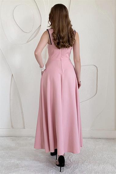 Pudra Fiyonk Detaylı Garnili Elbise