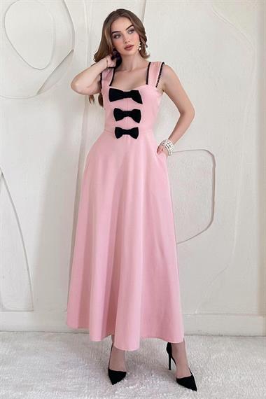 Pudra Fiyonk Detaylı Garnili Elbise