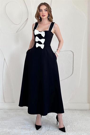 Siyah Fiyonk Detaylı Garnili Elbise