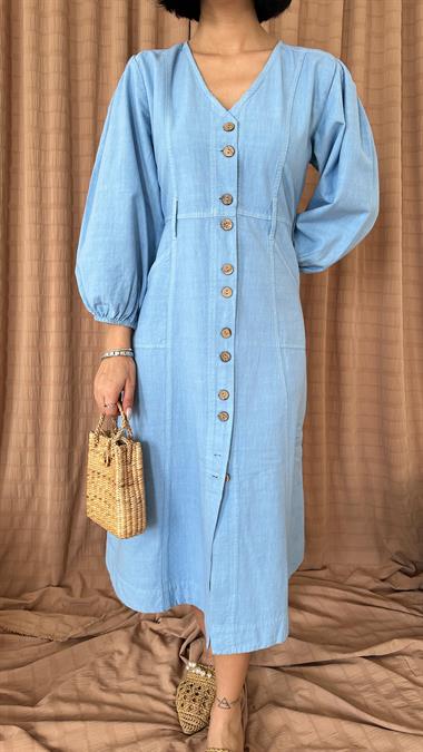 Mavi Flamlı Keten Boyamalı Düğmeli Elbise