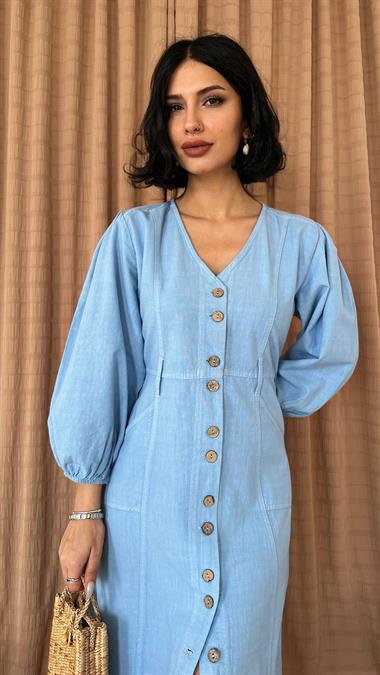 Mavi Flamlı Keten Boyamalı Düğmeli Elbise
