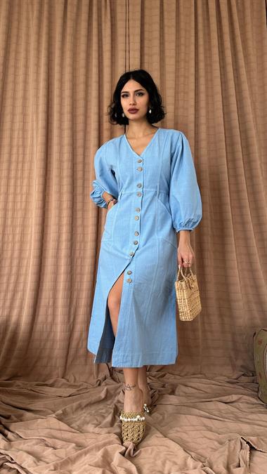 Mavi Flamlı Keten Boyamalı Düğmeli Elbise