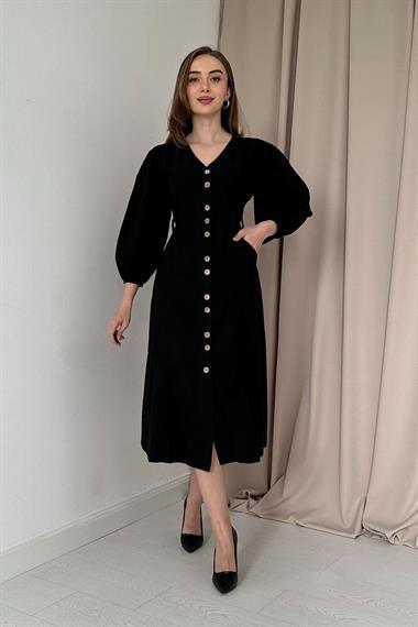Siyah Flamlı Keten Boyamalı Düğmeli Elbise