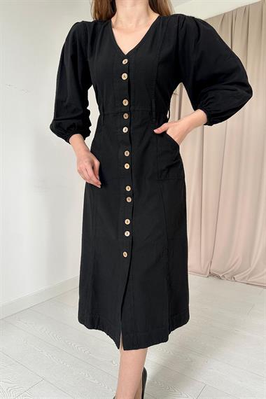Siyah Flamlı Keten Boyamalı Düğmeli Elbise