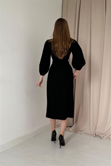 Siyah Flamlı Keten Boyamalı Düğmeli Elbise