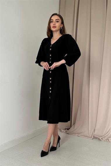 Siyah Flamlı Keten Boyamalı Düğmeli Elbise