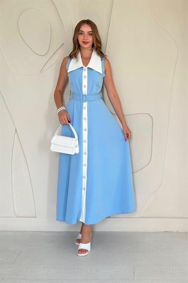 Mavi Geniş Yakalı Halter Kollu Elbise