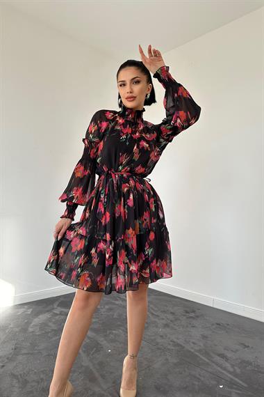 Siyah Gipeli Kat Kat Mini Elbise