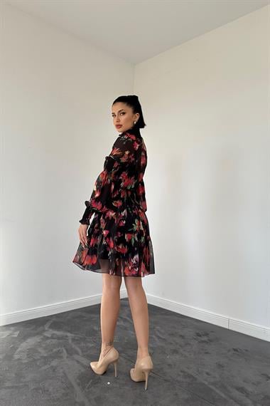 Siyah Gipeli Kat Kat Mini Elbise