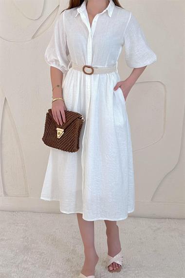 Beyaz Gizli Pat Yakalı Elbise