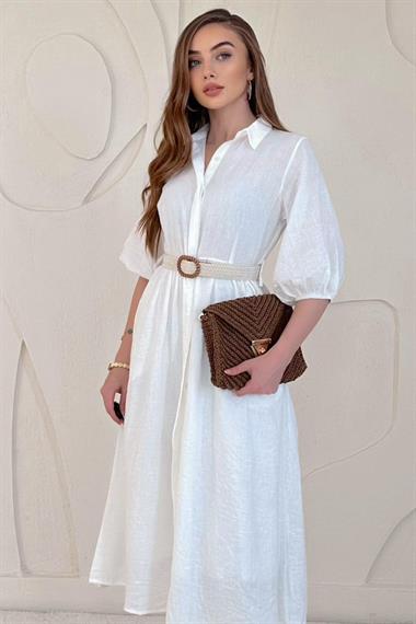 Beyaz Gizli Pat Yakalı Elbise
