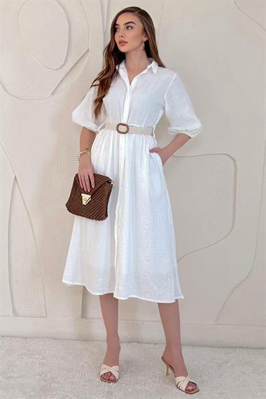 Beyaz Gizli Pat Yakalı Elbise