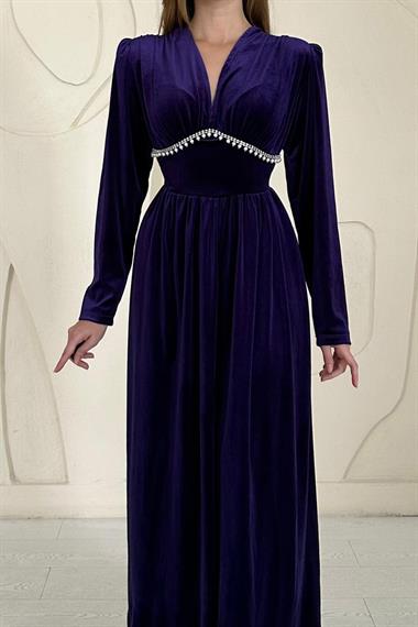 Mor Göğüs Altı Taşlı Elbise