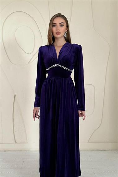 Mor Göğüs Altı Taşlı Elbise