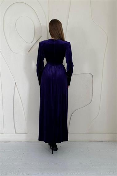 Mor Göğüs Altı Taşlı Elbise