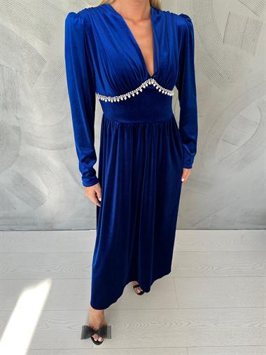 Saks Göğüs Altı Taşlı Elbise