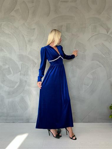 Saks Göğüs Altı Taşlı Elbise