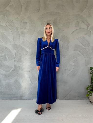 Saks Göğüs Altı Taşlı Elbise