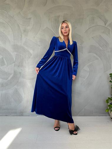 Saks Göğüs Altı Taşlı Elbise