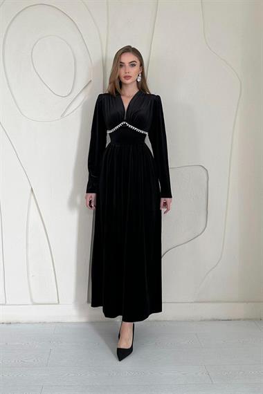 Siyah Göğüs Altı Taşlı Elbise