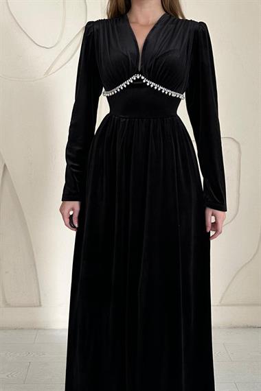 Siyah Göğüs Altı Taşlı Elbise