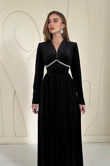 Siyah Göğüs Altı Taşlı Elbise