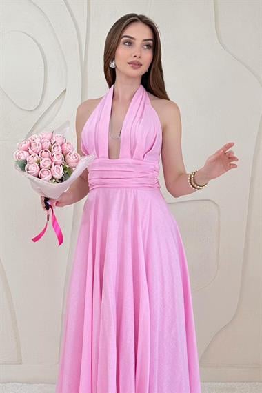 Pembe Göğüs Dekolteli Sırt Detaylı Keten Elbise