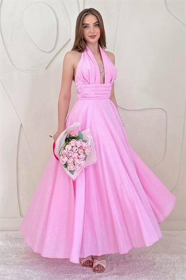 Pembe Göğüs Dekolteli Sırt Detaylı Keten Elbise