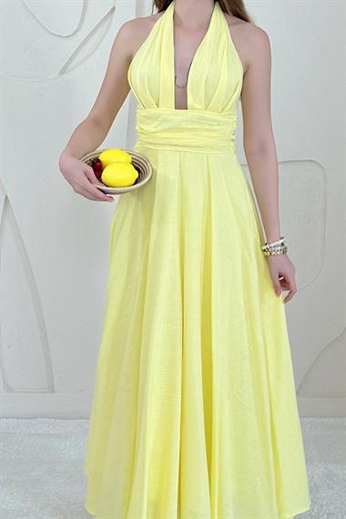 Sarı Göğüs Dekolteli Sırt Detaylı Keten Elbise