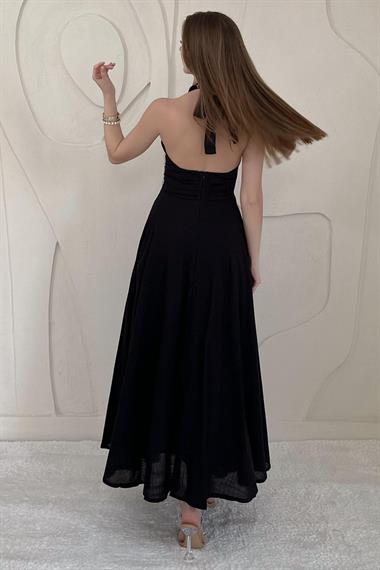 Siyah Göğüs Dekolteli Sırt Detaylı Keten Elbise