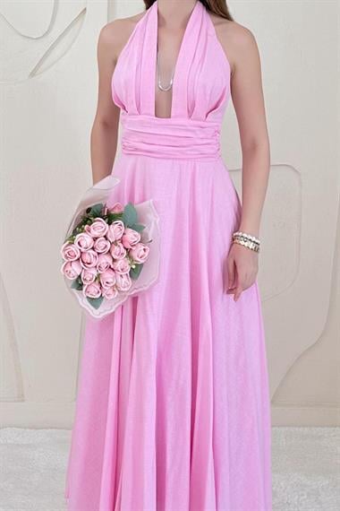 Pembe Göğüs Dekolteli Sırt Detaylı Keten Elbise
