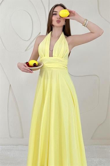 Sarı Göğüs Dekolteli Sırt Detaylı Keten Elbise