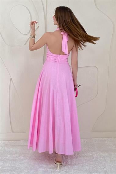 Pembe Göğüs Dekolteli Sırt Detaylı Keten Elbise