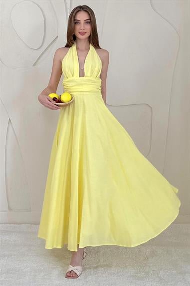 Sarı Göğüs Dekolteli Sırt Detaylı Keten Elbise