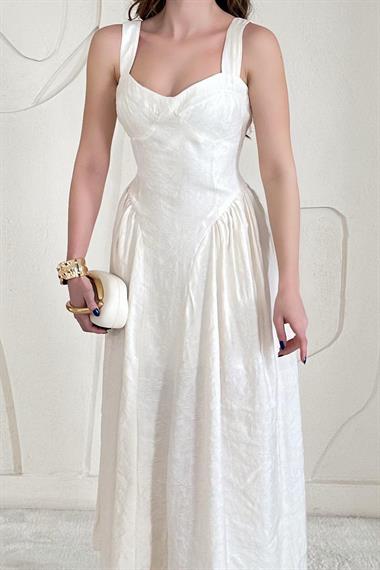 Bej Göğüs Kulplu Kloş Elbise