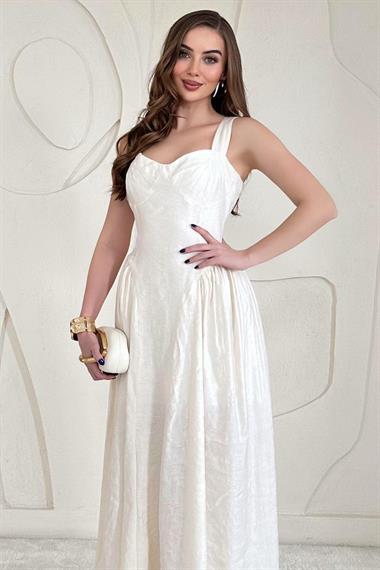 Bej Göğüs Kulplu Kloş Elbise