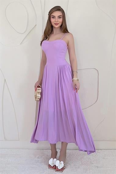 Lila Göğüs Kuplu Asklı Midi Elbise