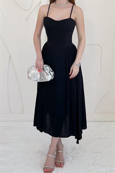 Siyah Göğüs Kuplu Asklı Midi Elbise