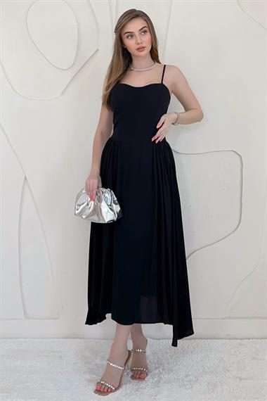 Siyah Göğüs Kuplu Asklı Midi Elbise