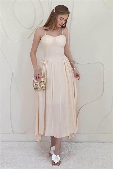 Bej Göğüs Kuplu Asklı Midi Elbise