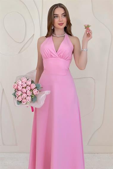 Pembe Göğüs Kuplu Sırtı Açık Elbise