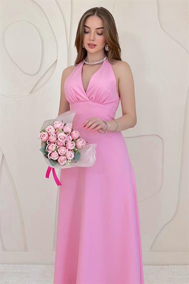 Pembe Göğüs Kuplu Sırtı Açık Elbise