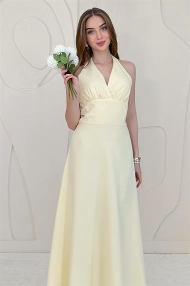 Sarı Göğüs Kuplu Sırtı Açık Elbise