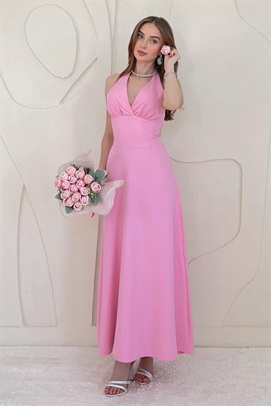 Pembe Göğüs Kuplu Sırtı Açık Elbise