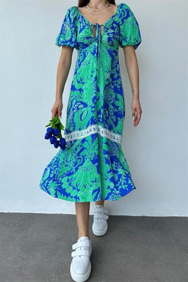 Mavi Göğüsten Bağlamalı Elbise