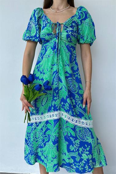 Mavi Göğüsten Bağlamalı Elbise