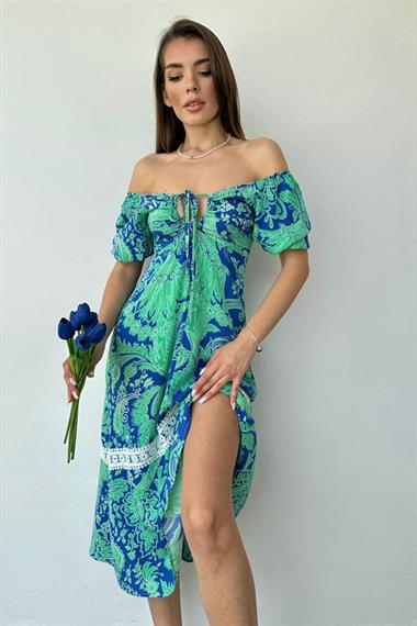 Mavi Göğüsten Bağlamalı Elbise